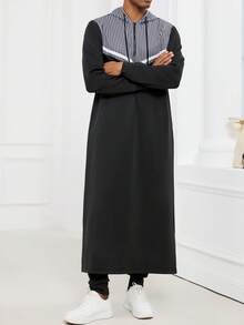 Hanorac lung cu glugă pentru bărbați, Kamisweat, cu blocare de culoare alb-negru, cu fermoar pe piept și buzunare pe ambele părți. Tivul are o fantă și este potrivit atât pentru vacanțe, cât și pentru călătorii. Materialul este gros și confortabil pentru purtare zilnică. - Multicolor - Vizualizare 3