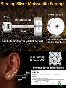 1Pair Moissanite Earrings For Men Women:Hypoallergenic Flat Back Earrings 925 Sterling Silver Stud Earring Small D Color VVS1 Moissanite 14K White Gold Plated Helix Cartilage Piercing Jewelry - Tông màu bạc - Xem 2