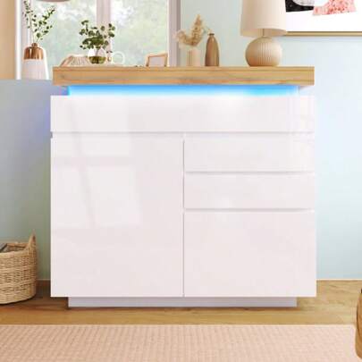 High-Gloss Dresser/Sideboard With 2 Doors And 3 Drawers, LED Lighting (App Controlled), Multi-Purpose Furniture For Living Room And Bedroom, 115 X 110 X 39 Cm, White