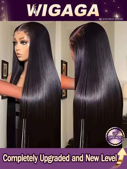 13x4 高清蕾丝前假发，28 英寸真人混纺发丝，自然黑色，自然直发，预先拔毛，带婴儿发，200% 密度，耐热纤维混纺发丝，女士假发