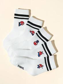 Marvel 10/5/1 双漫威春夏潮流男童/儿童条纹短袜/踝袜。可爱的卡通蜘蛛侠图案，经典百搭的柔软透气中筒袜。舒适吸湿，耐穿的白色运动袜，适合课外活动、休闲穿着、运动和返校穿着。多包装可选。 - 白色 - 查看 3