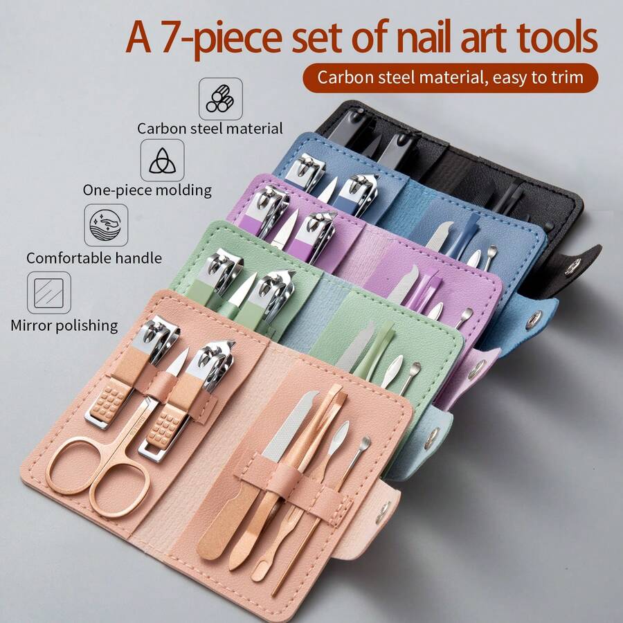 7Pcs/Set Nail Clippers Set Complete Set Stainless Steel Fingernail Cutter Nail File Ear Spoon Eyebrow Trimmer Portable Manicure Beauty Tools Kit - Multicolor - View 1