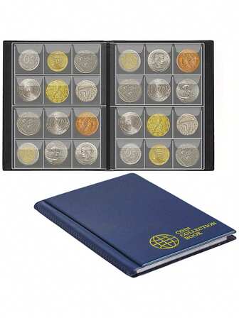 120枚硬币收藏册，透明塑料内页，深蓝色封面，PVC材质，带标签隔层，方便收藏家整理世界各地的硬币，包括便士、五分镍币、十分硬币和半美元硬币。