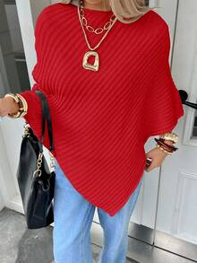 秋冬女式时尚不对称下摆套头毛衣。适合日常穿着、通勤和购物，节日红色毛衣，圣诞节礼物、新年礼物、情人节礼物 - 紅色 - 查看 10