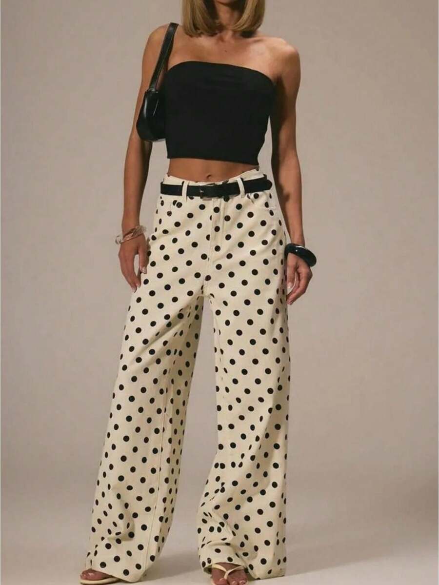 Women's Polka Dot Wide-Leg Jeans, High-Waisted Loose Flared Pants, Straight-Leg Retro Street Jeans - 白色 - 查看 1