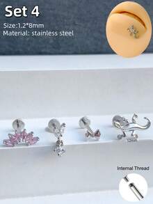 Morlyda 4pcs/Set Cute Earring Lip Studs Pink Lip Ring Nose Ear Studs Hypoallergenic Stainless Steel Opal Stars Flower Rhinestone Decor Ear Studs Angel Moon Cartilage Stud Earrings Butterfly Lizard Helix Tragus Earrings Bow Conch Rook Labret Monroe Medusa Lip Nose Piercing Jewelry For Women Men Daily Wear Valentine's Day Christmas Day Gift Night Out Social Gatherings - Multicolor - View 13