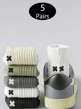5 Pairs Men's XX Embroidery Soft Comfortable Mid-Calf Socks, Boy Embroidery American Style Mid-Calf Athletic Socks, Breathable Retro Socks For Men