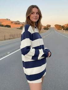 2025秋冬女式休闲条纹圆领宽松套头毛衣，百搭修身 - 彩色 - 查看 2