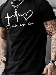 Summer Loose Fit Round Neck Men's Heart Graphic Print Casual Street Style T-Shirt - Black - View 1