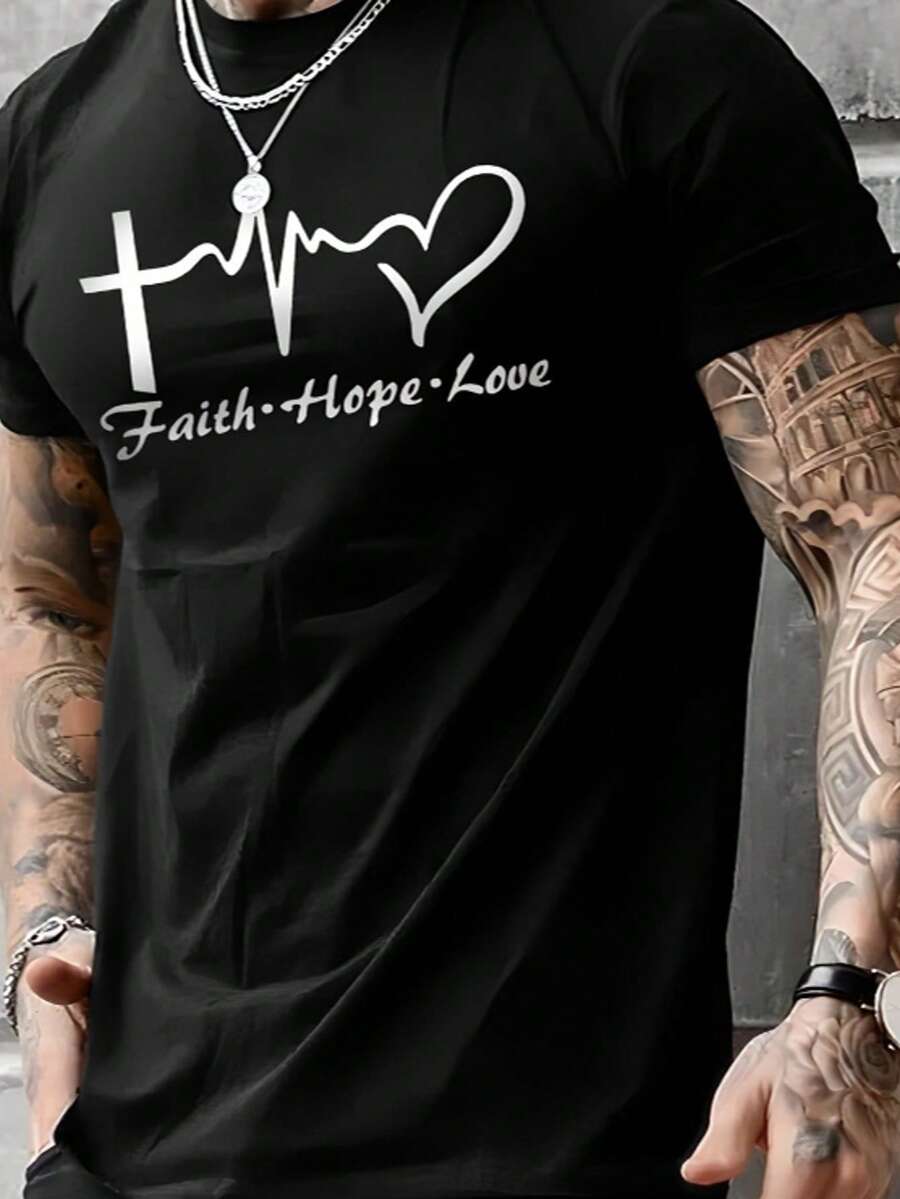 Summer Loose Fit Round Neck Men's Heart Graphic Print Casual Street Style T-Shirt - Black - View 1
