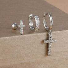 3件套单耳佩戴18K镀金十字耳钉套装，女士婚礼首饰，锆石耳环，不锈钢配件，派对礼物