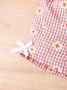 3件套雏菊印花无袖上衣配蝴蝶结领和荷叶边短裤，可爱套装 - 粉色 - 查看 10