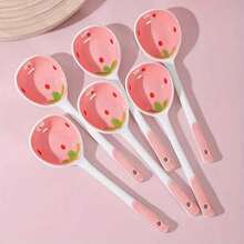 1/2/5/10pcs Strawberry Ceramic Long Handle Soup Spoon, Household Tablespoon, Dessert Spoon, Pink Series