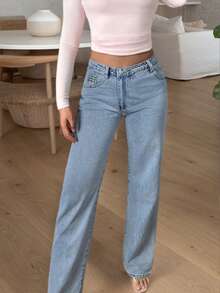 Quần jeans nữ dáng suông, kiểu dáng thường ngày, hiệu ứng giặt mài, túi cài nút và khóa kéo, chiều dài đầy đủ, chất liệu denim dệt không co giãn. - Rửa nhẹ - Xem 4