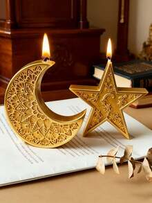 2pcs Ramadan Moon & Star Silicone Mold - Islamic Religious Candle Making Mold With Intricate Islamic Art Design, Irregular-Shaped Mold For Homemade Candles, Soap - White - View 2