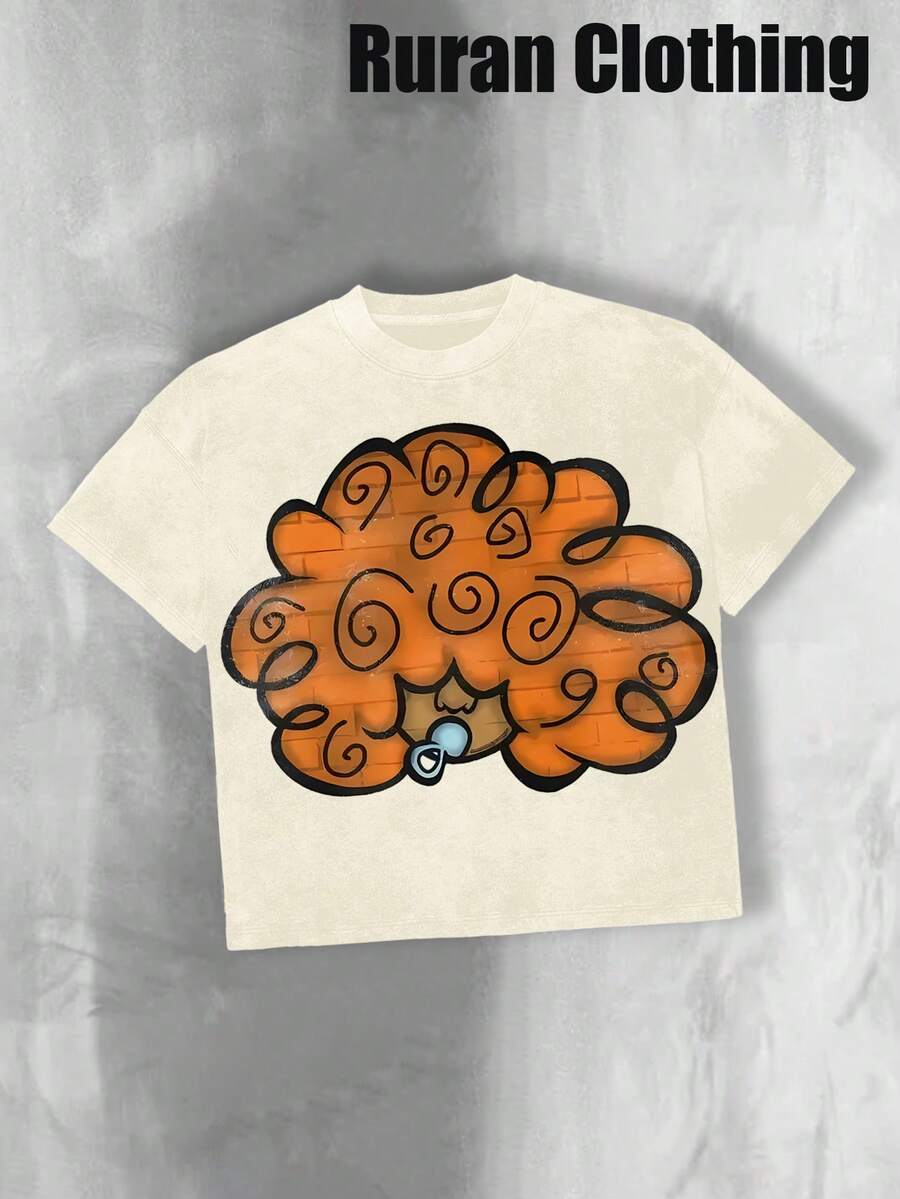 Y2K Curly Orange Hair Cartoon Tee (Cotton T-Shirt) Men's Round Neck Pure Cotton Casual T-Shirt, Made Of High-Quality Cotton, Loose Style, Versatile, Unisex, Suitable For Vacation Travel! - 杏色3 - 查看 1