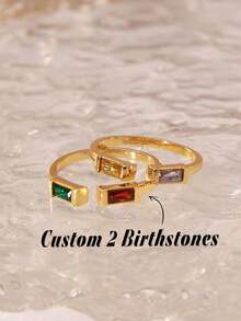 1pc Personalized Birthday Gemstone Ring, Gift For Mom, Double Diamond Rectangular Birthday Gemstone Ring, 2pcs Birthday Gemstone Rings, Personalized Birthday Gift, Mother's Day Jewelry, Stackable Ring, Bridesmaid Gift - Yellow Gold - View 1