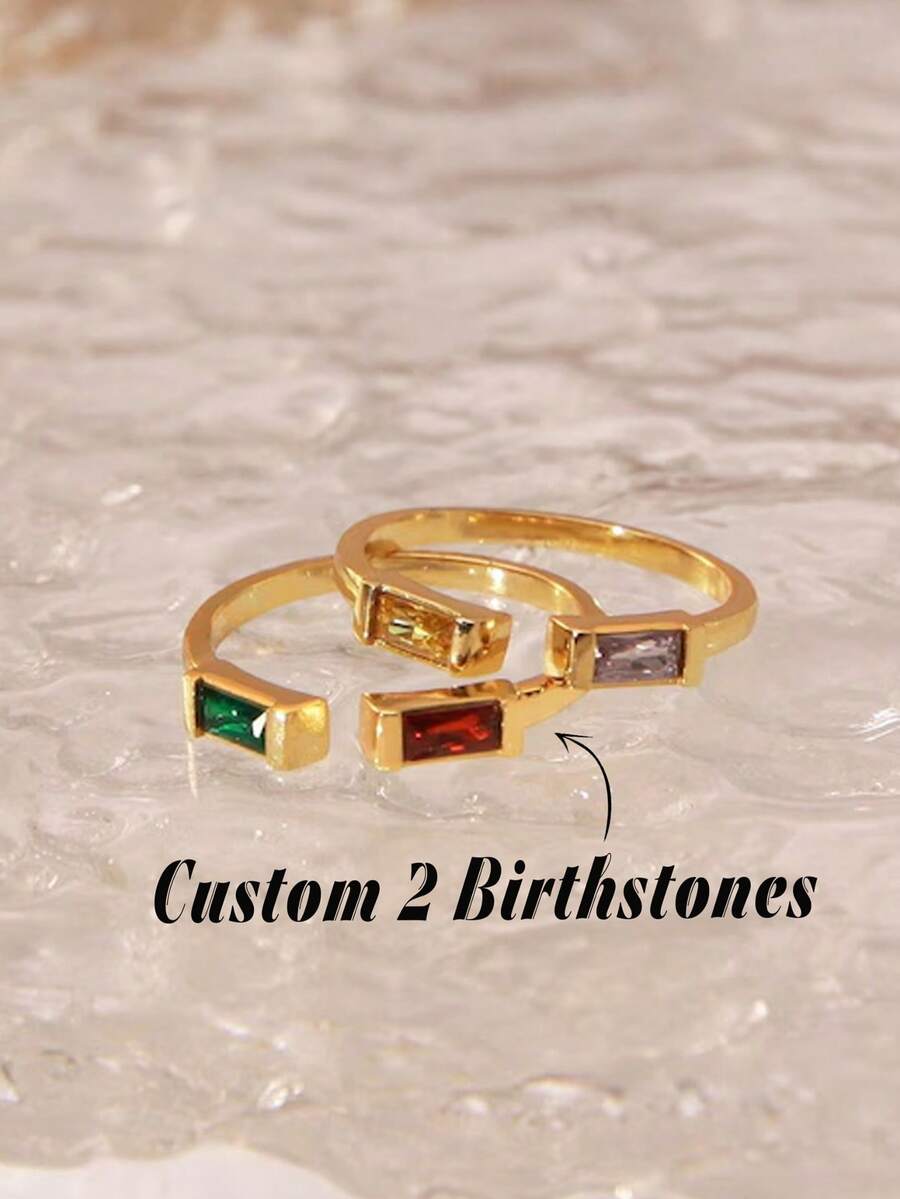 1pc Personalized Birthday Gemstone Ring, Gift For Mom, Double Diamond Rectangular Birthday Gemstone Ring, 2pcs Birthday Gemstone Rings, Personalized Birthday Gift, Mother's Day Jewelry, Stackable Ring, Bridesmaid Gift - Yellow Gold - View 1