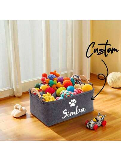 Cesta de almacenamiento personalizada para juguetes de mascotas - Organizador plegable multiusos, contenedor de almacenamiento personalizado para juguetes y ropa de perro. Forro grueso extraíble y lavable, asa de madera. Almacenamiento esencial para mascotas.