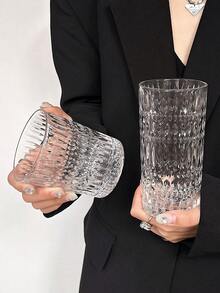 1pc Oval Relief Glass Cup, Light Luxury Whiskey Glass Cup, Transparent Glass Cold Drink Cup, American Latte Coffee Cup, Beverage Cup, Milk Cup, Wine Cup, Heat-Resistant Drinking Cup, Retro Glassware - Transparent - View 2