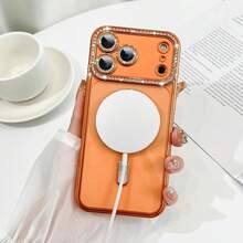 1 PC Orange 2025 Premium Sparkling Rhinestone Phone Case Compatible With IPhone 17 AIR 16 15 14 13 12 11 Pro Max Plus Magnetic Clear Lens Protection - Orange - View 5