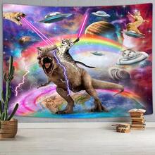 1pc Funky Space Cat Riding Dinosaur Tapestry - Vibrant Galaxy Adventure Wall Hanging, Wall Hanging Tapestries, Fashion Aesthetic Horizontal Wall Tapestry Hanging, Modern Pattern Print Art Tapestries, Wall Decor For Bedroom, Living Room, Dorm, Party - Unique Birthday & Holiday Gift For Friends, Women, Yourself, Dorm Room Accessory(40x30in/60x40in/60x51in/80x60in/90x60in) - 1幅掛毯 - 查看 1