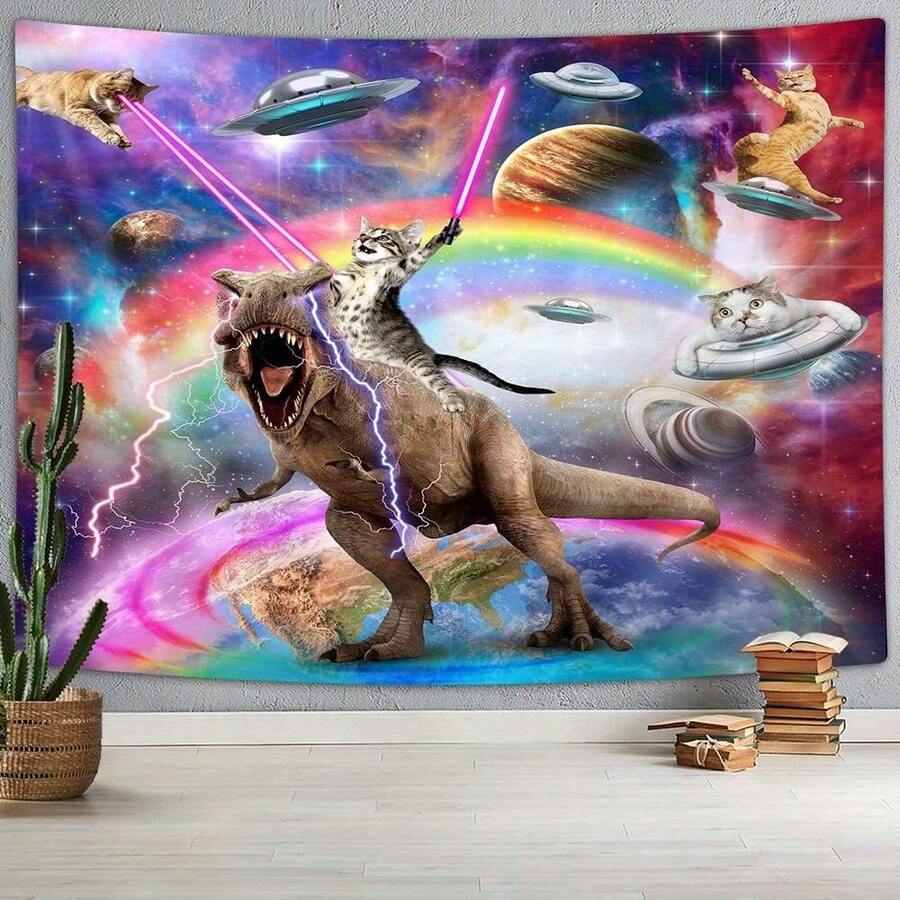 1pc Funky Space Cat Riding Dinosaur Tapestry - Vibrant Galaxy Adventure Wall Hanging, Wall Hanging Tapestries, Fashion Aesthetic Horizontal Wall Tapestry Hanging, Modern Pattern Print Art Tapestries, Wall Decor For Bedroom, Living Room, Dorm, Party - Unique Birthday & Holiday Gift For Friends, Women, Yourself, Dorm Room Accessory(40x30in/60x40in/60x51in/80x60in/90x60in) - 1幅掛毯 - 查看 1