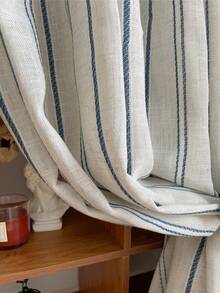 1Pc,Japanese-Style Faux Linen Blue Opaque Striped Textured Pull Pleated Tape Short Curtain Panel - Versatile For Kitchen,Dining Cabinets & Doorways,Sink Occlusion,Farmhouse Decor - Blue - View 11