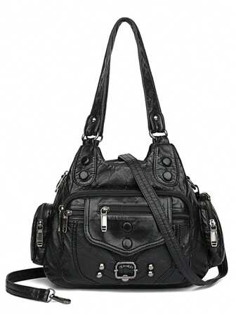 Women's Vintage Large Capacity One Shoulder Bag, Fashionable Soft Leather Biker Underarm Bag, Multi-Pocket Crossbody Bag, Washed Pleated Tote Bag With Personalized Rivets, Multi-Function Bag