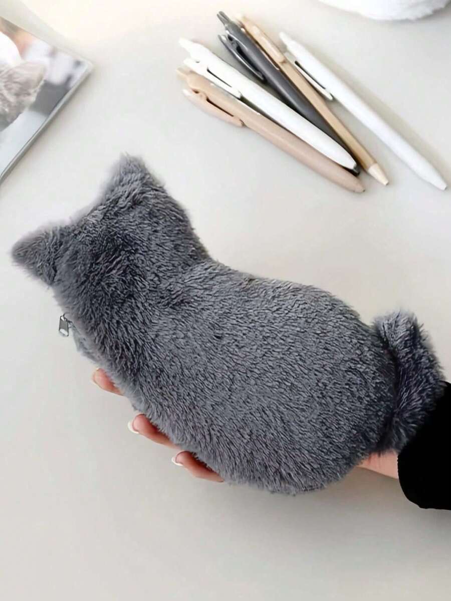1个毛绒猫咪铅笔盒，可选颜色：蓝猫、黑猫、白猫、米色猫，触感柔软，容量大，可爱时尚的收纳袋，创意文具整理器，毛绒铅笔袋礼品