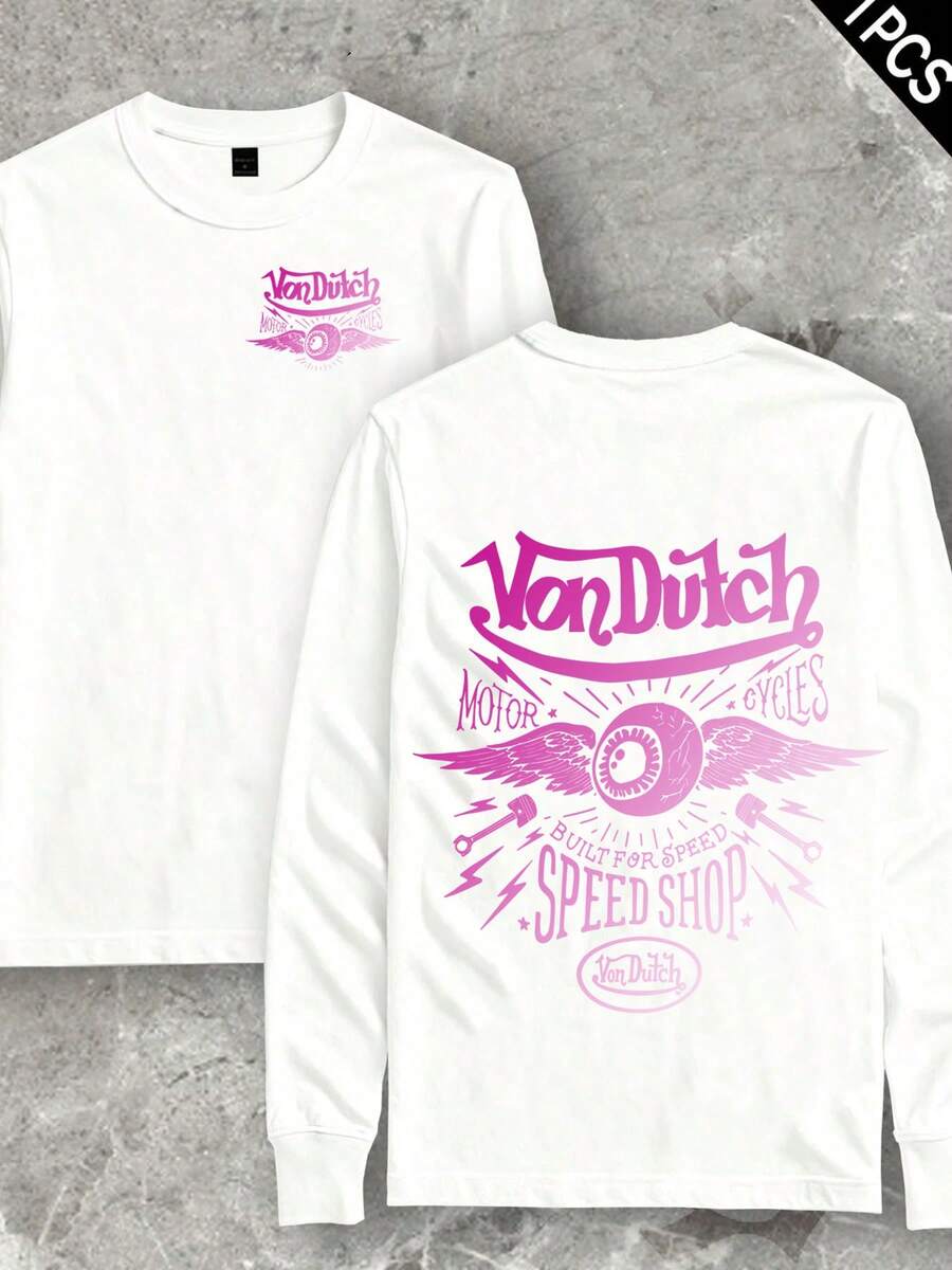 Van Dutch  Speed Shop Vintage Printed T-Shirt  Men's Hip-Hop Graphic Long Sleeve 250g Cotton, Early Spring  Pick, Perfect For Holiday Gifting, Multiple Colors Available - 白色 - 查看 1
