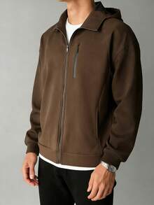 Chaqueta cortavientos con capucha ligera de manga larga y cremallera para hombre, para salir, en color negro, para regalos a amigos, esposo o novio, para el otoño - Café integral - Ver 2