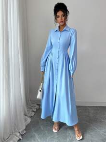 Vestido de manga larga con cuello, abotonado y plisado, de unicolor, elegante y casual, para otoño, de LilyHouse - Azul - Ver 3