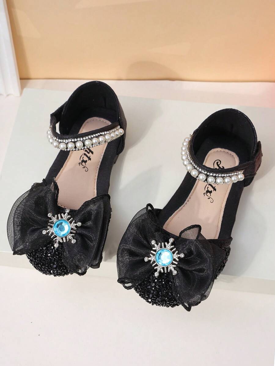 Spring New Pearl Children's Closed Toe Shoes, Bow Decor Girls Closed Toe Flats, Non-Slip Toddler/Little/Big Kids Princess Shoes - Black - View 1