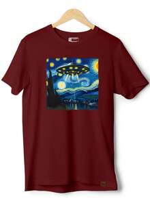 Men's Cotton T-Shirt Alien Starry Night ET - Maroon - View 1