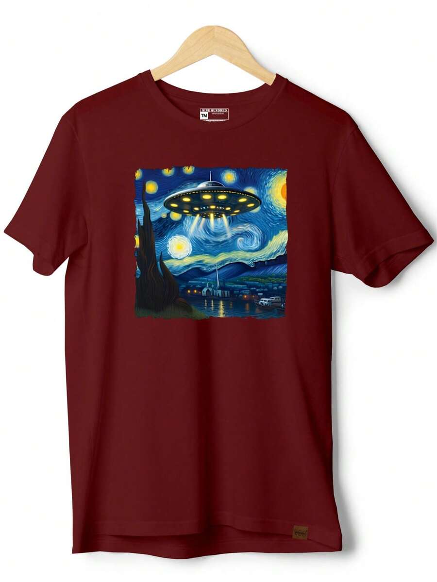 Men's Cotton T-Shirt Alien Starry Night ET - Maroon - View 1