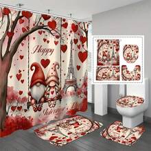 1/4pcs Valentine's Day Gnome & Eiffel Tower Bathroom Curtain Set - Romantic Red & Pink Polyester Decorative Bathroom Curtains With Heart, Flower And "Happy Valentine's Day" Designs, Suitable For Bathing, Non-Slip Bath Mat, U-Shaped Toilet Lid Cover, Bathroom Decor | Romantic Bathroom Decor | Machine Washable Curtain, Bathroom Accessories