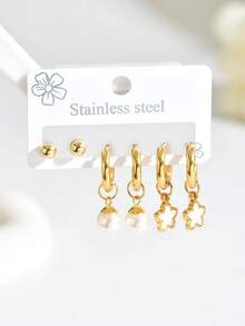 Conjunto de 6 brincos de argola elegantes com pérolas artificiais, em aço inoxidável, perfeitos para uso diário. - Multicolorido - Ver 3