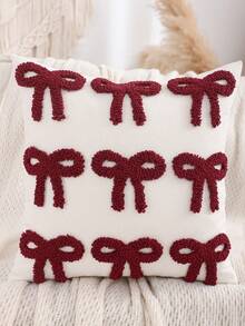 1pc/2pcs Christmas Decorative Pillow Cover, Bow Plush Embroidered Canvas Cream Color, Farmhouse Decor For Living Room Sofa Bedroom, Holiday Gift, Red