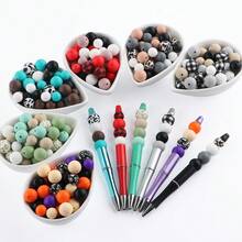 120pcs/Box, 12mm/15mm Printed Silicone Beads And Solid Color Beads Mixed, Suitable For DIY Handicrafts, Bead Pens, Bag Decoration Pendants, Etc - Multicolor - View 3