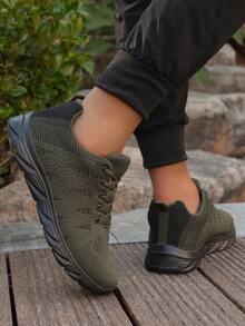 2024 Nuevos tenis de malla de punto con cordones, casuales, transpirables, ligeros y lavables, de ajuste ancho para mujeres, aptos para deportes, correr, caminar, acampar, ocio, parejas, carreras en carretera - Verde militar - Ver 2