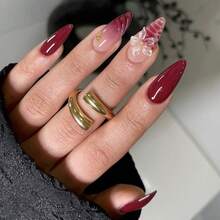 Foreign Trade Hot-Selling Burgundy Spice Girls Show White 3D Engraving Wearing Nail Almond Nail Fake Nail Piece Manufacturer Nail Art Wholesale - 酒紅色 - 查看 2
