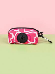 2件/3件套情人节礼物，红色爱心印花，高品质可调节玫瑰红色宠物狗胸背带、牵引绳和便便袋收纳袋套装，适合户外散步