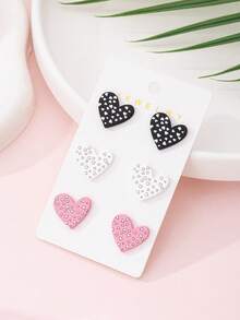 3 Pairs/Set Romantic Heart Enamel Faux Soft Pottery Design Fashion Stud Earrings Set For Women, Perfect Gift For Valentine's Day, Party - Multicolor - View 2
