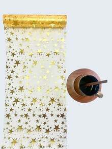 1pc Foil Print Golden Star Table Runner, Sparkly Stars Ramadan Tablecloth For Dining, Wedding, Party Decor, Festive Holiday Valentine's Day Dinner Table Cover, Eid Mubarak.