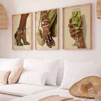 1/3pcs Set Unframed Green Luxury Canvas Poster High Heels Jewelry African Queen Culture Fashion Wall Art Print Funky Urban Painting For Dorm,Living Room,Bedroom,Modern Home Decoration