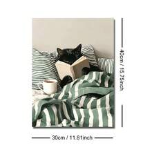 1幅带框/不带框黑猫在床上读书帆布海报，温馨奇趣动物条纹绿色墙面艺术印刷品，美观装饰画，适用于公寓、客厅、卧室、现代家居装饰 - 彩色 - 查看 11