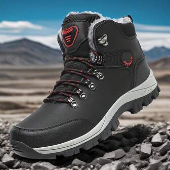 Winter Men's Snow Boots With Fleece Lining, Waterproof, Outdoor Warm Hiking Shoes, Non-Slip Soles, Suitable For Daily Wear, Outdoor Hiking, Trekking, Snow Walking In Cold Weather, Size 39-48 (Shoelace On Tongue Random)