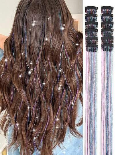12pcs Clip-In Straight Synthetic Hair Extensions, Fashion Party Gift, Girls Golden Wire Hair Pieces, 20 Inch Colorful Glitter Clip-In Hair Extensions, Holiday Gift Party Shiny Hair Accessories, Valentine's Day Gift