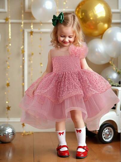 Vestido de niña con cuello redondo, bordado de tul, vestido de niña de las flores con cola, adecuado para fiesta de 1er cumpleaños, boda, no incluye diadema